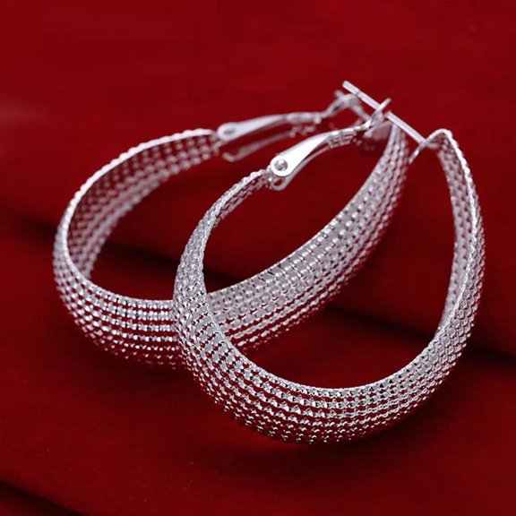 Sterling Silver Plated Hoop Pierced Hinged Textured Earrings Latch Polished/Reflective Textured L7