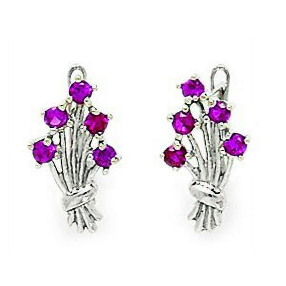 Sterling Silver Plated July Red CZ Flower Bouquet Leverback Earrings - Measures 15x9mm