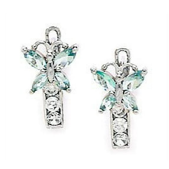 Sterling Silver Plated March Lt-Blue CZ Butterfly Leverback Earrings - Measures 12x7mm