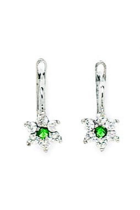 Sterling Silver Plated May Green 1.5mm CZ Flower Leverback Earrings - Measures 13x6mm
