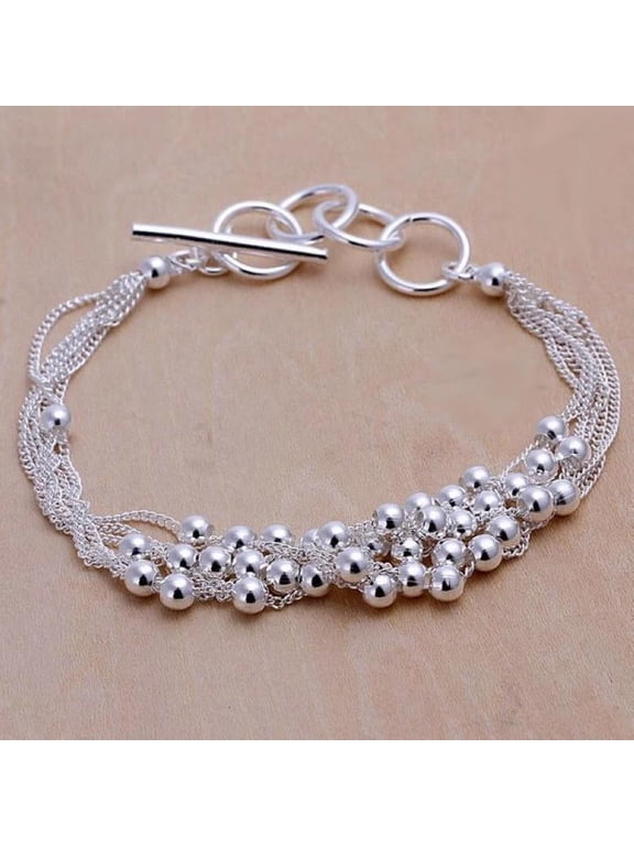 Sterling Silver Plated Multi-Strand Bead Bracelet 8 Inch 4mm Toggle L18