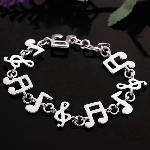 Sterling Silver Plated Music Note Flower Bead Bracelet 8" Lobster Clasp L40