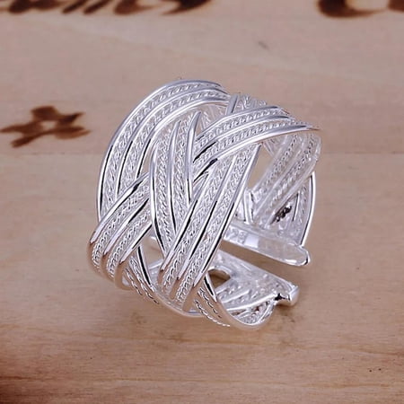 Sterling Silver Plated Cross Textured Ring Plain Adjustable Bangle Band Statement B148