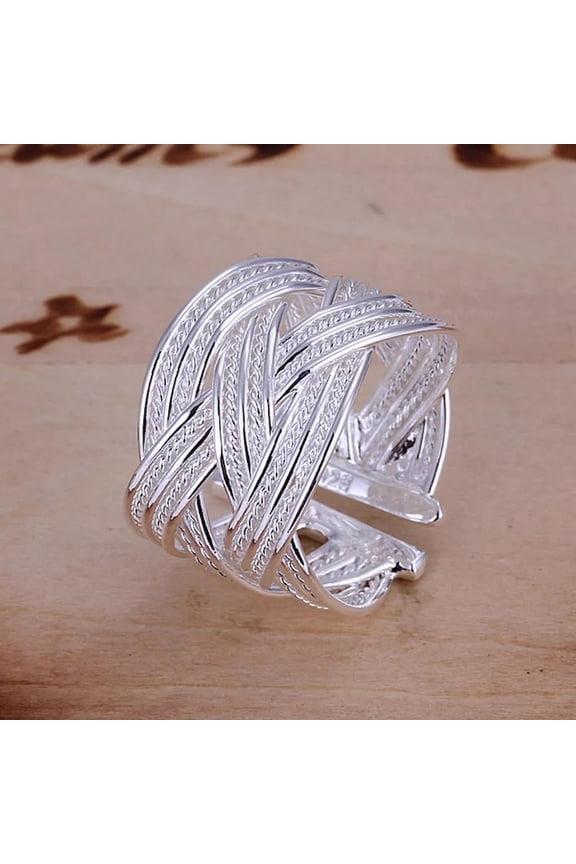 Sterling Silver Plated Cross Textured Ring Plain Adjustable Bangle Band Statement B148