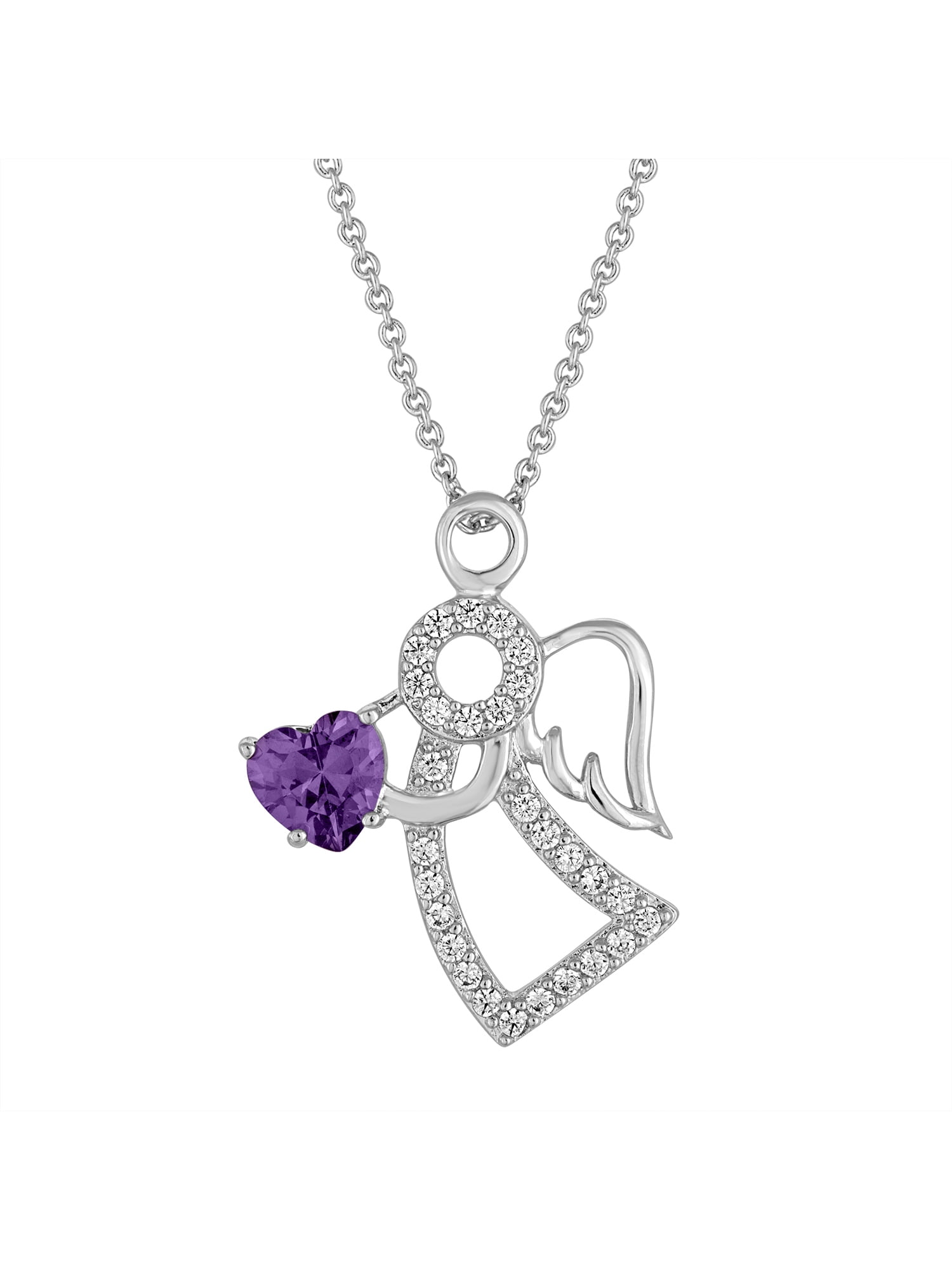 Sterling Silver-Plated Simulated Amethyst with CZ Accents Angel Pendant, 18
