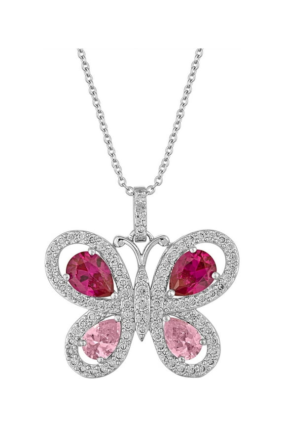 Sterling Silver-Plated Simulated Blue Topaz and Simulated Opal with CZ Accents Dragonfly Pendant Necklace, 18"