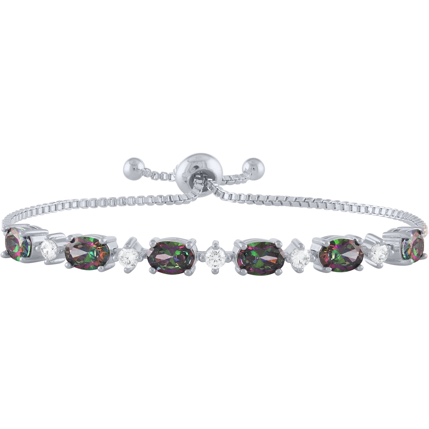 Sterling Silver Plated Simulated Mystic Topaz and CZ Adjustable Bracelet