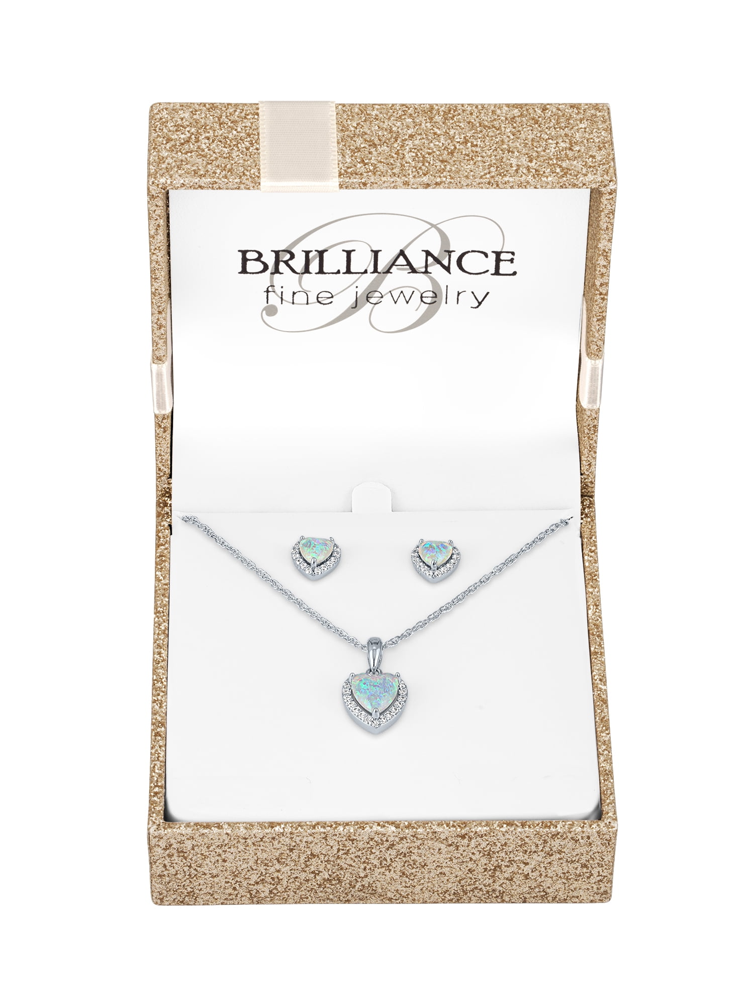 Ladies Brilliance Fine Jewelry Sterling Silver Plated Simulated Opal and CZ Pendant Earring Set Women s