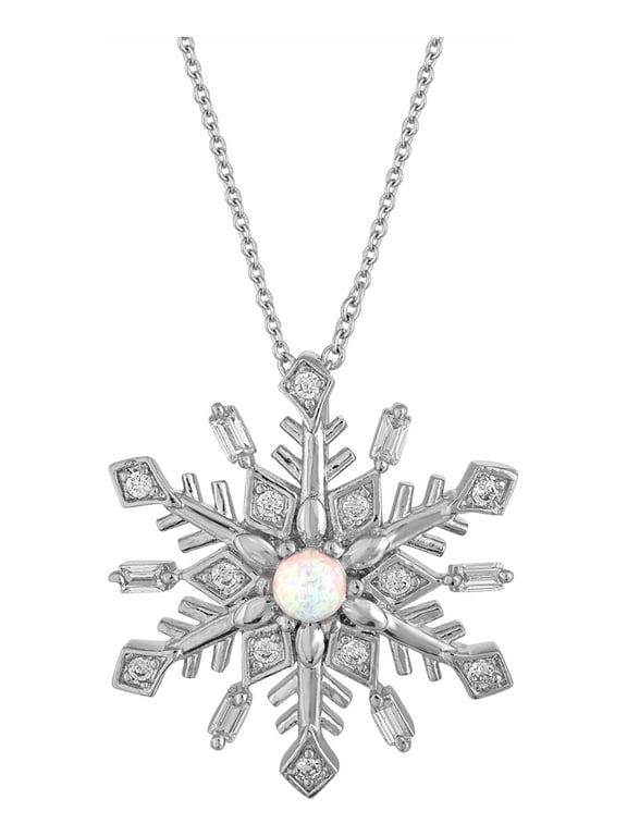 Sterling Silver Plated Simulated Opal with CZ Accents Snowflake Pendant, 18