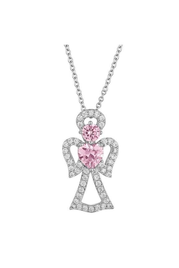 Sterling Silver-Plated Simulated Pink Sapphire with CZ Accents Angel Pendant, 18