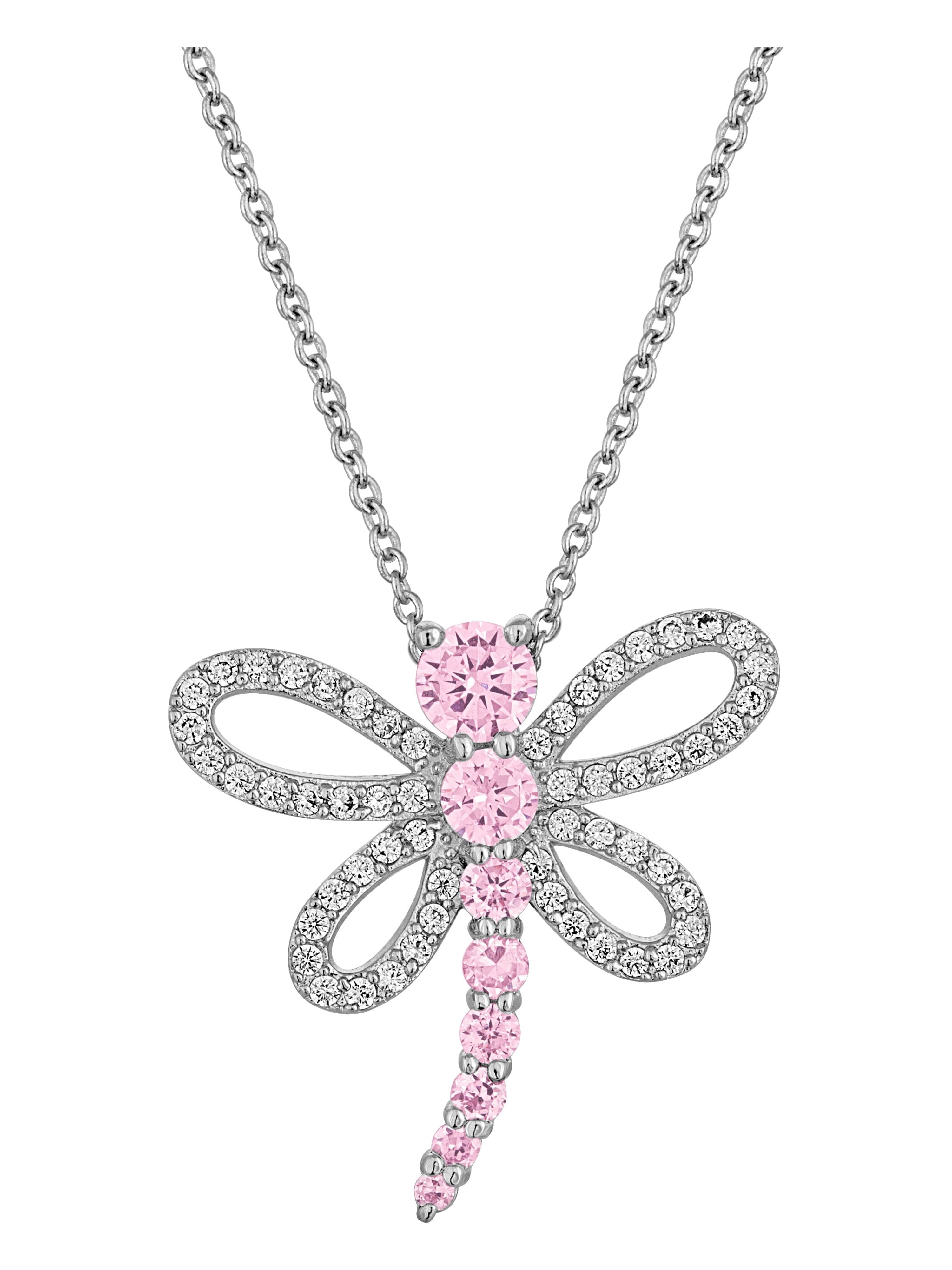 Sterling Silver-Plated Simulated Pink Sapphire with CZ Accents Dragonfly Pendant Necklace, 18