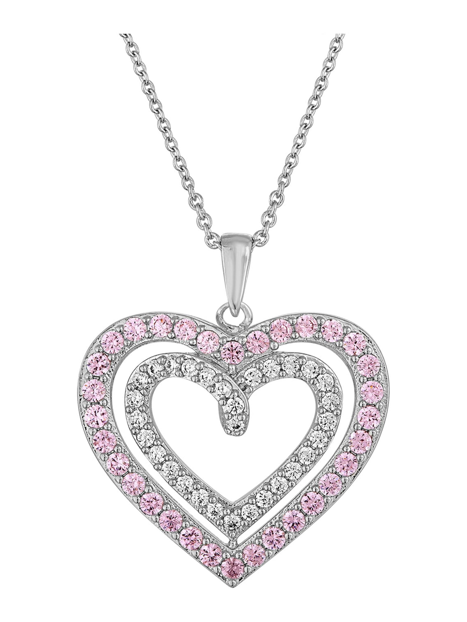 Sterling Silver Plated Simulated Pink Sapphire with CZ Accents Heart Pendant, 18