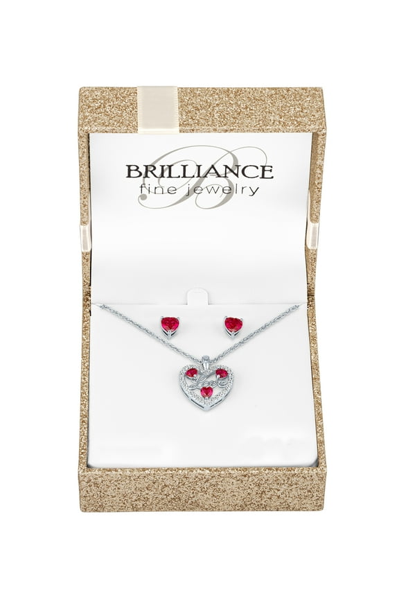Ladies Brilliance Fine Jewelry Sterling Silver Plated Simulated Ruby and CZ Pendant & Earring Set