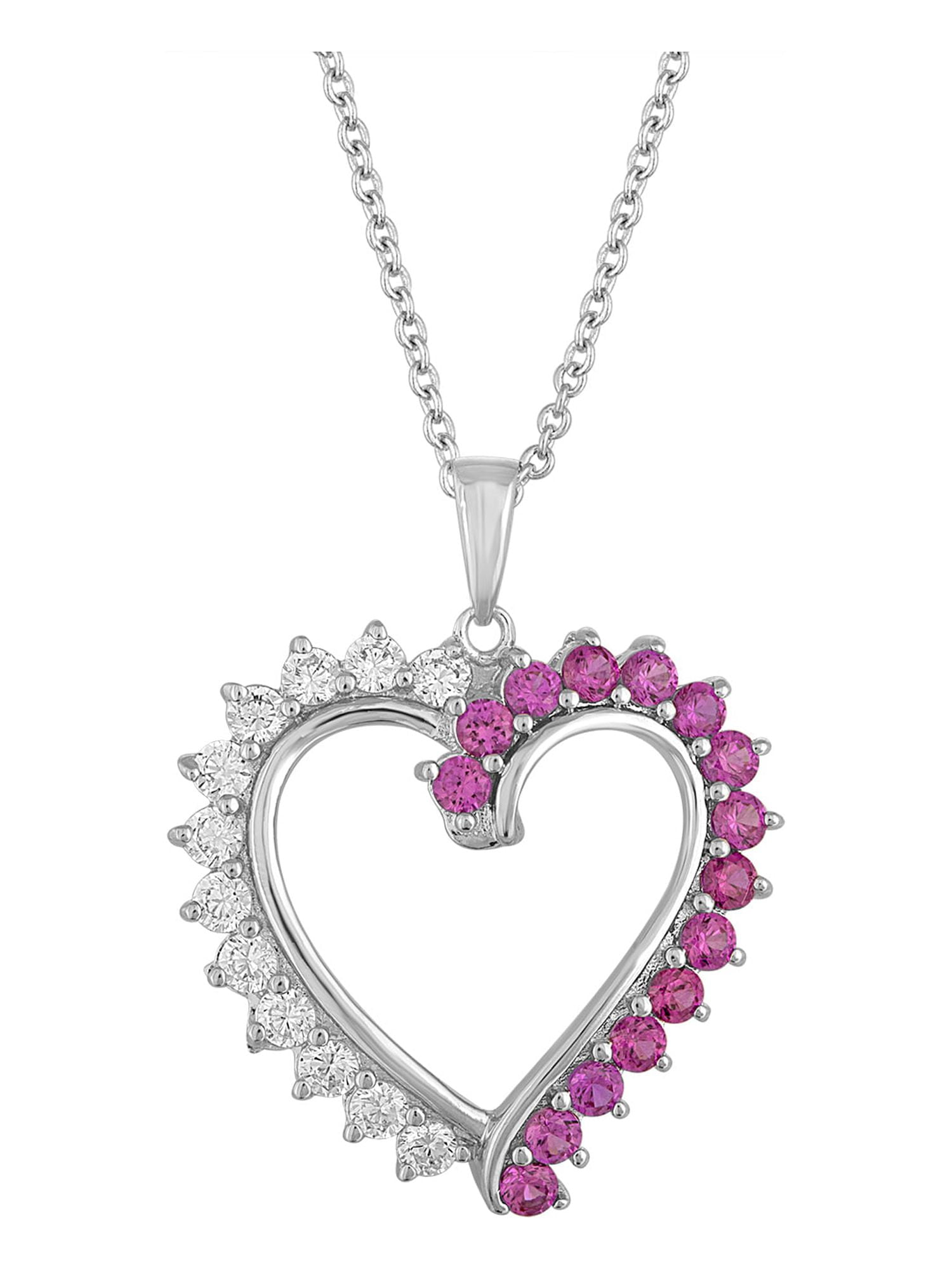 Sterling Silver-Plated Simulated Ruby with CZ Accents Heart Pendant, 18