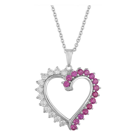 Sterling Silver-Plated Simulated Ruby with CZ Accents Heart Pendant, 18