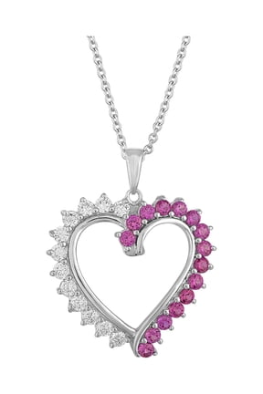 Sterling Silver-Plated Simulated Ruby with CZ Accents Heart Pendant, 18