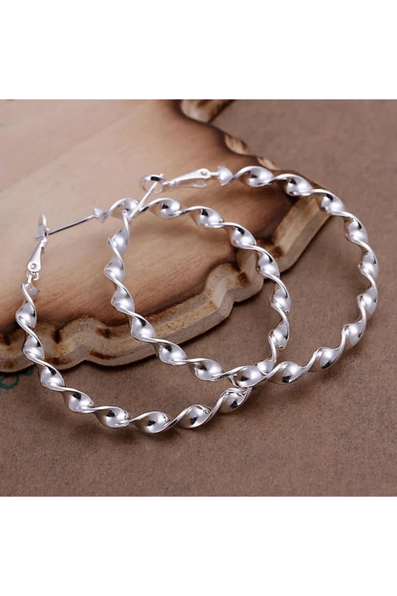 Sterling Silver Plated Twisted Hoop Pierced Earrings 2" Inch L101