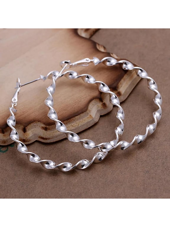Sterling Silver Plated Twisted Hoop Pierced Earrings 2" Inch L101