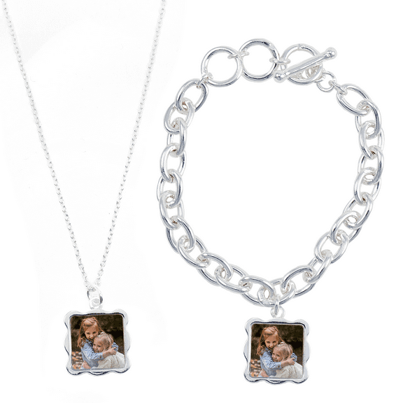 Sterling Silver Plated Wave Photo Necklace and Bracelet Set