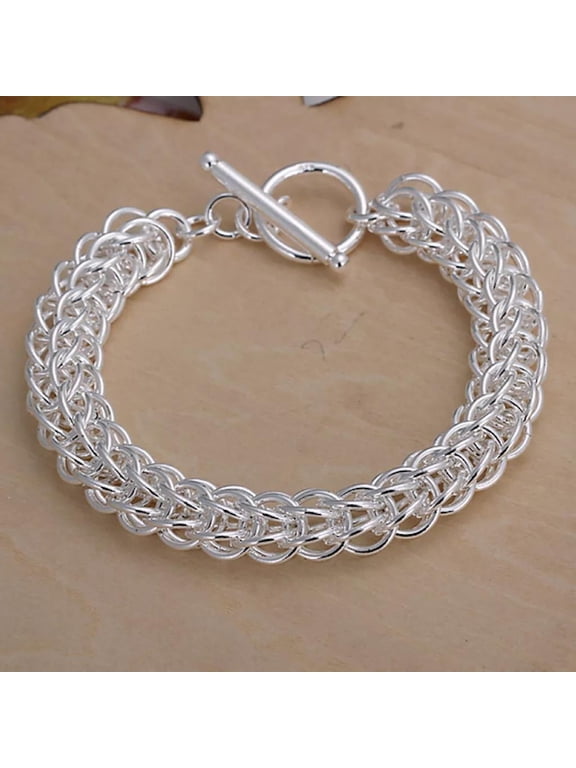 Sterling Silver Plated Woven Bracelet, 7.5 Inch, 10mm Toggle L56
