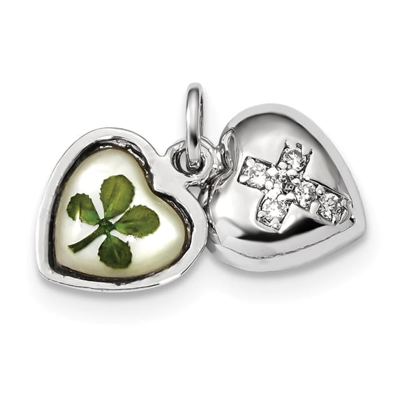 Sterling Silver Platinum Plate Leaf Clover Epoxy Shell CZ Heart Charm