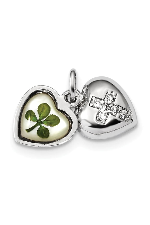 Sterling Silver Platinum Plate Leaf Clover Epoxy Shell CZ Heart Charm