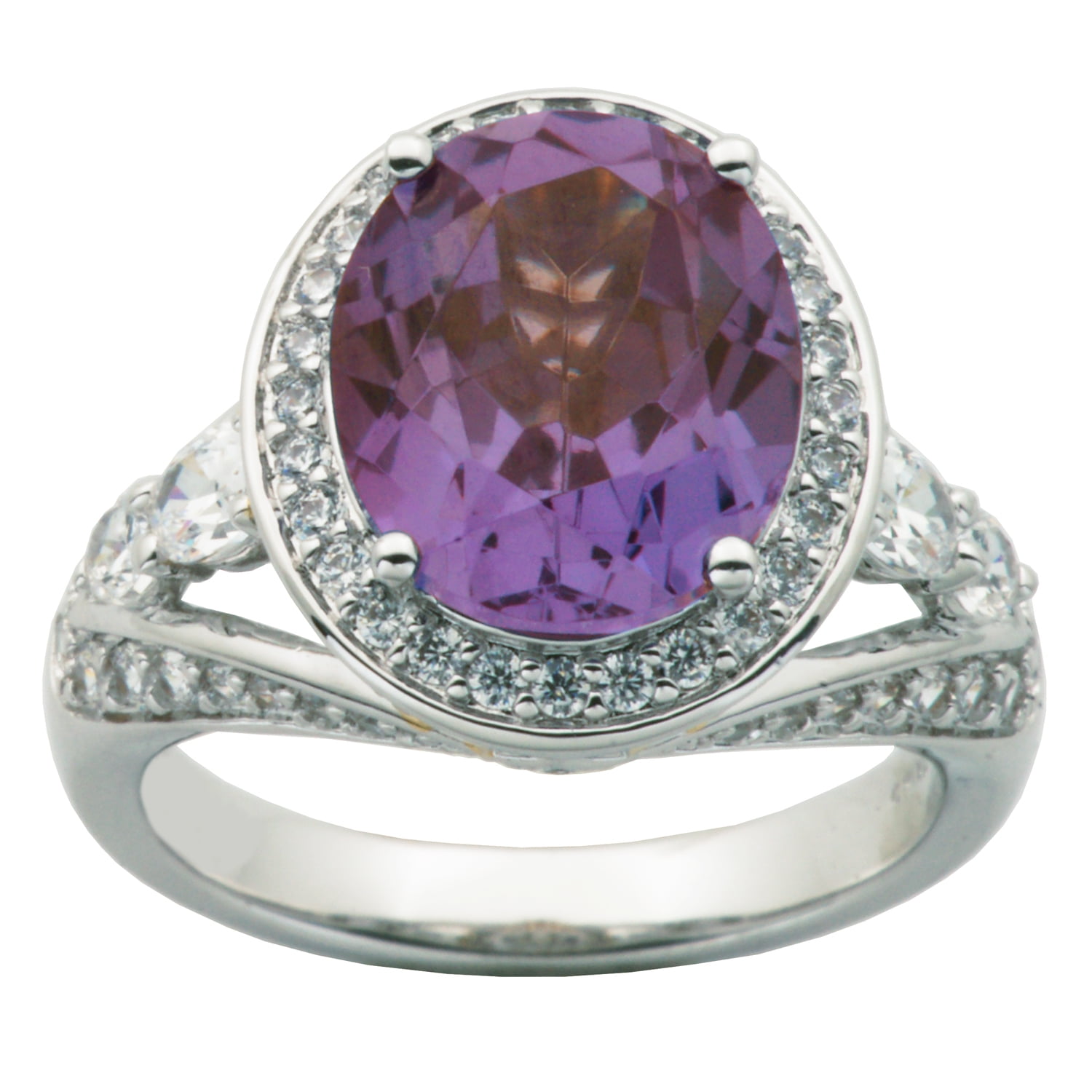 Sterling Silver Platinum Plated Created Alexandrite oval Halo Ring