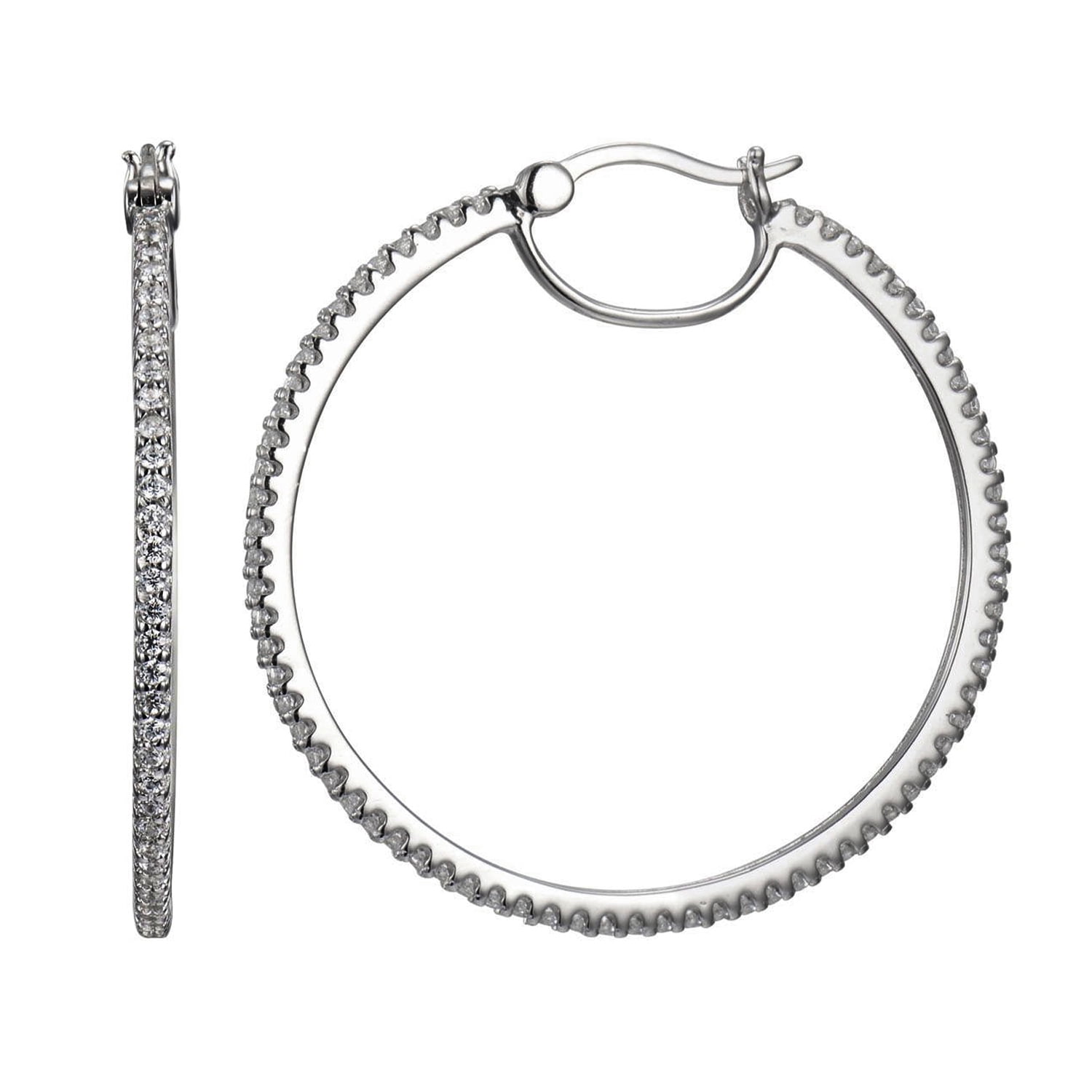 Sterling Silver Platinum Plated Cubic Zircon All Around Hoop earrings, 1.5" Diameter