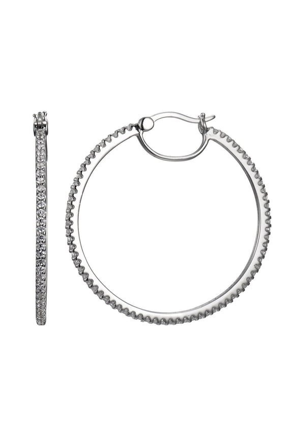 Sterling Silver Platinum Plated Cubic Zircon All Around Hoop earrings, 1.5" Diameter