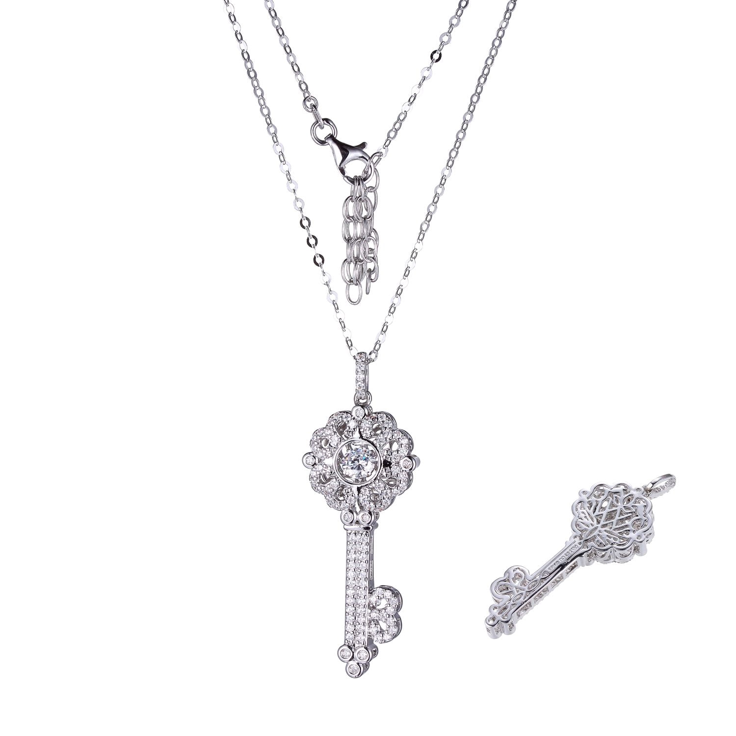 Sterling Silver Platinum Plated Fancy Antique CZ Key Pendant Necklace 18" EXTENSION 3"