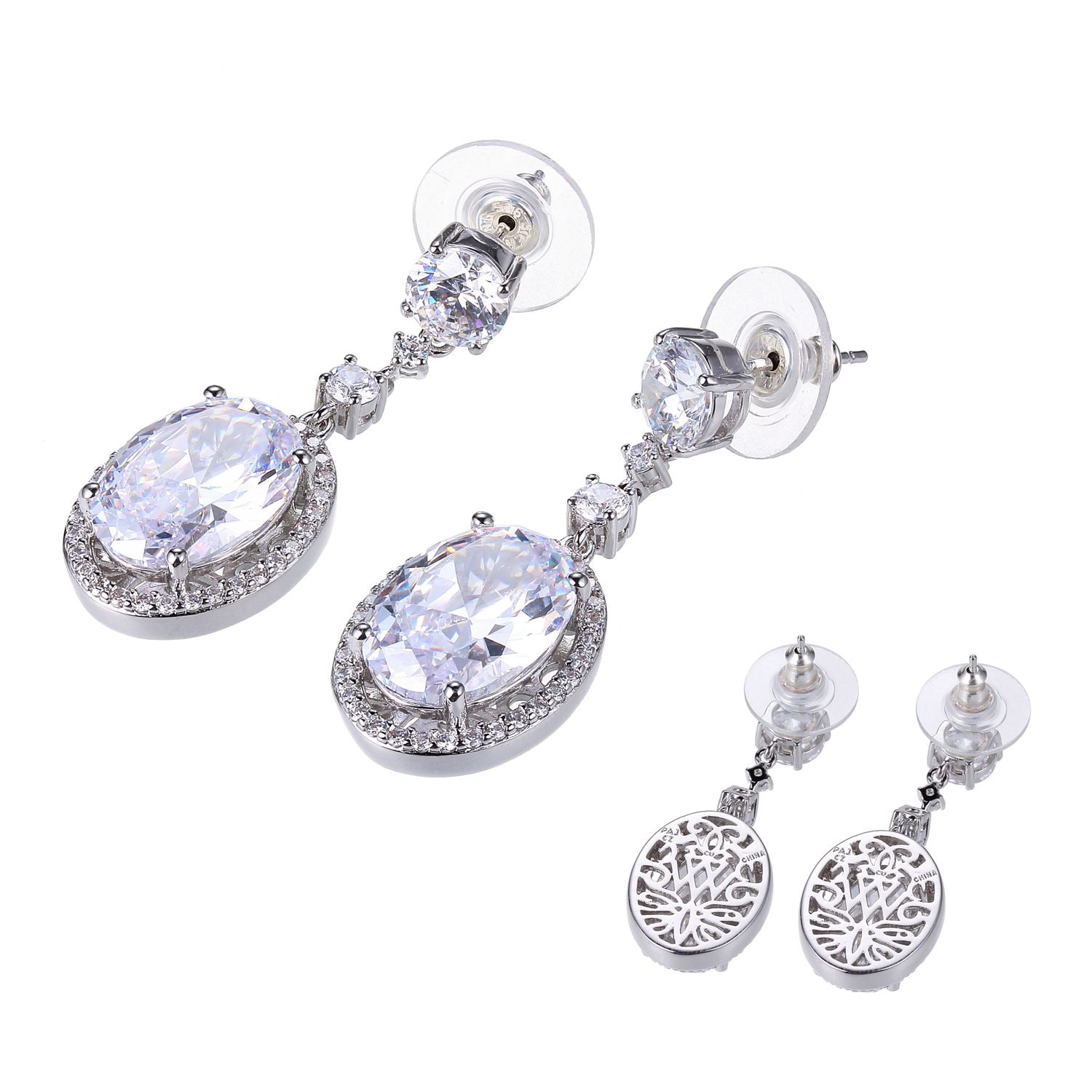 Sterling Silver Platinum Plated Oval CZ drop earrings Walmart