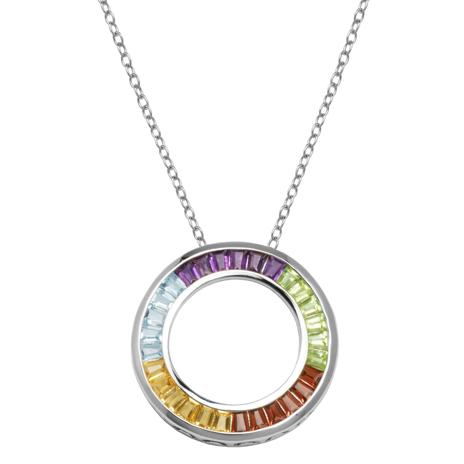 Sterling Silver Platinum Plated Semi-Precious rainbow set Pendant Necklace 18"