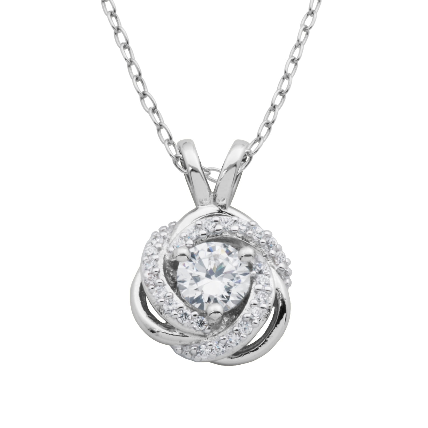 Sterling Silver Platinum Plated Swirl Halo CZ pendant Necklace