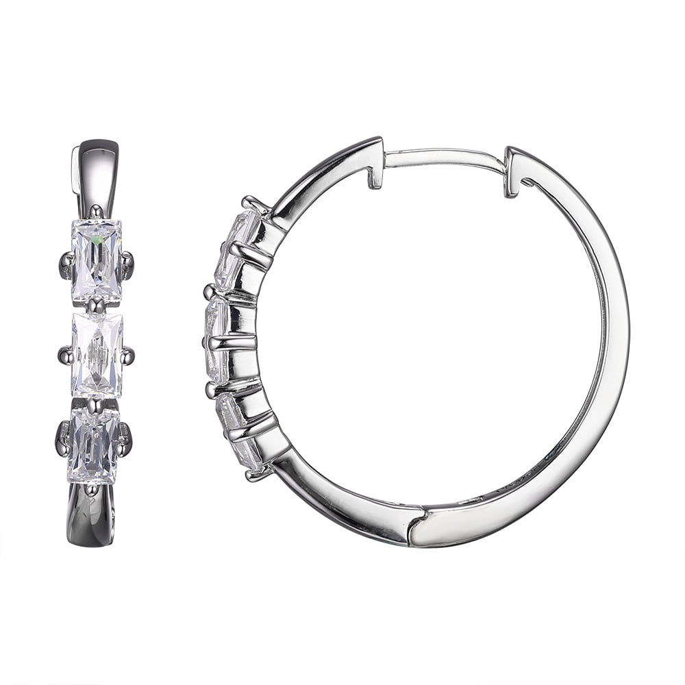 Sterling Silver Platinum Plated TYCOON Fancy Cut CZ Huggy Hoop