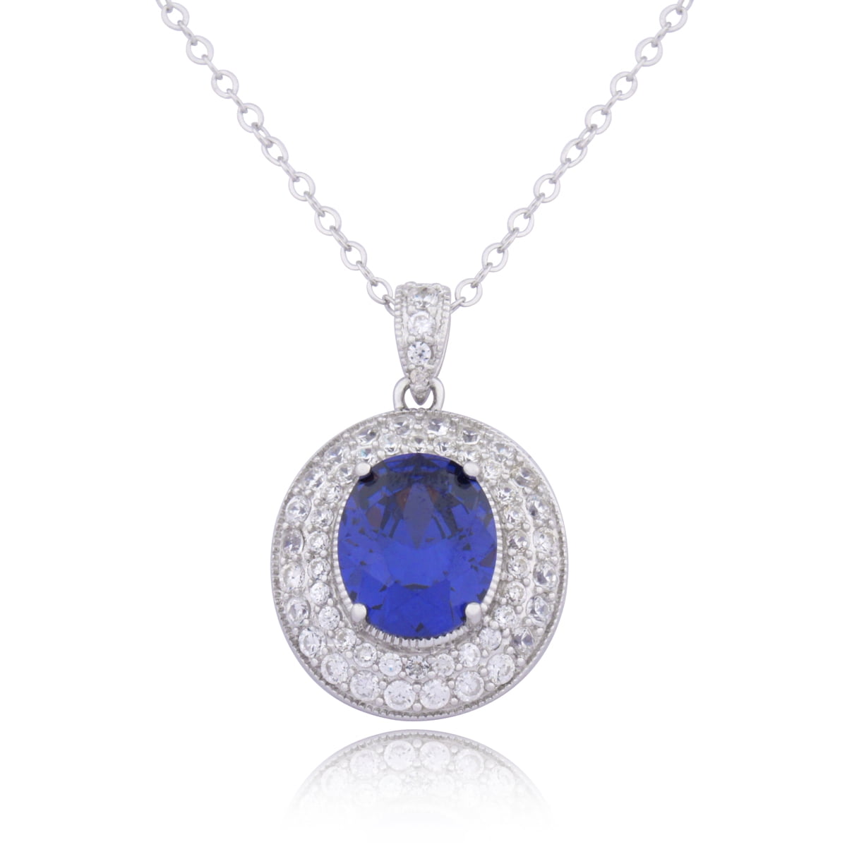 Sterling Silver Platinum Plated Vintage Tanzanite CZ Designer Pendant Necklace