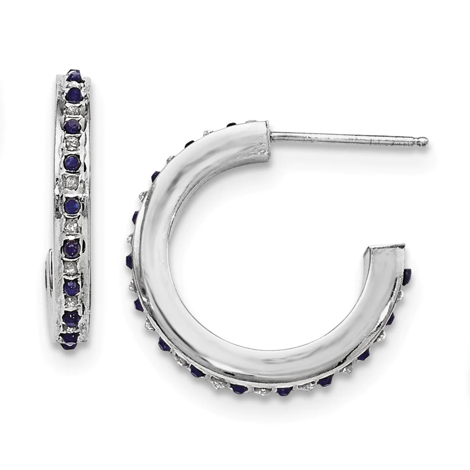 Sterling Silver Platinumplt Diamond Sapphire Round Post Hoop Earrings