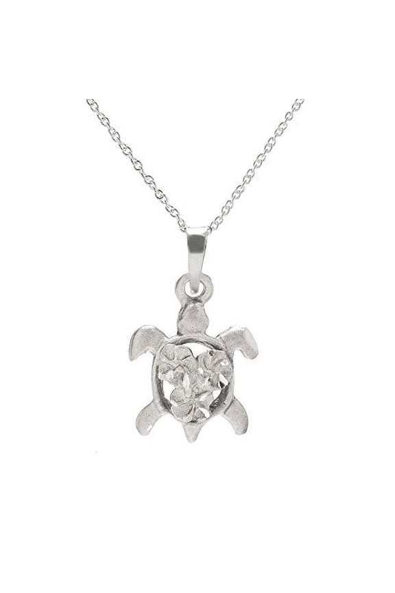 Sterling Silver Plumeria Turtle Pendant Necklace, 18"