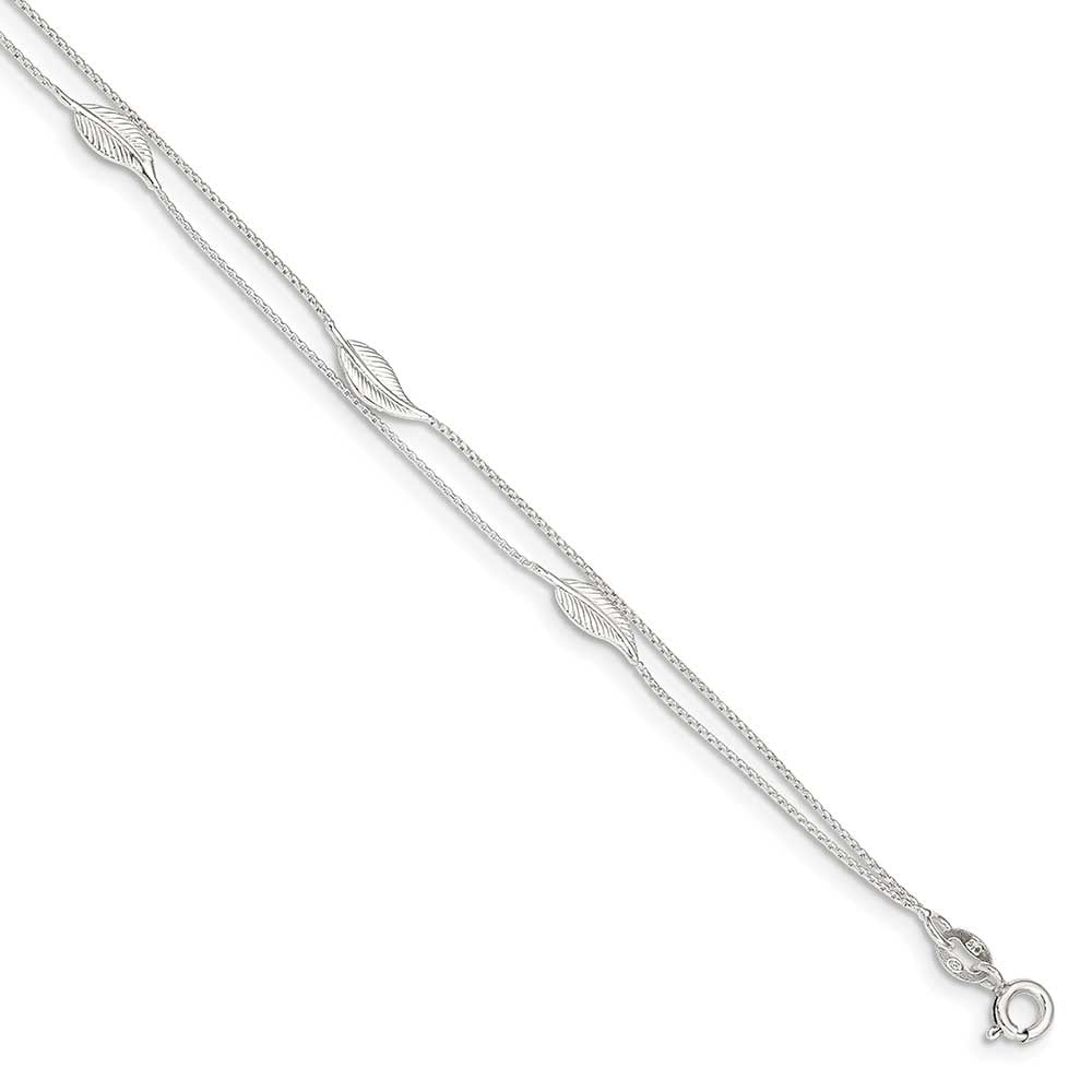 Sterling Silver Polished 2-Strand Feather 9" Plus 1in Ext Anklet