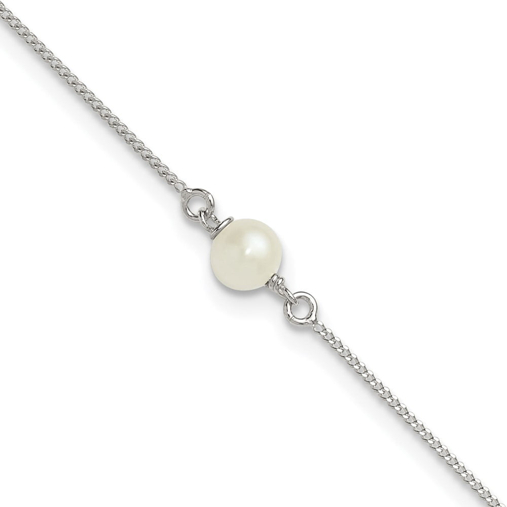 Sterling Silver Polished 5-6mm Freshwater Cultured Pearl 9 inch with 1 inch Extension Anklet