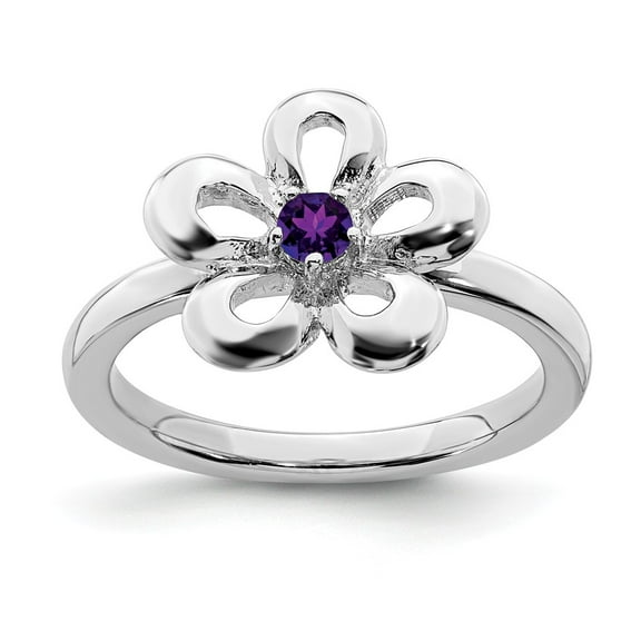 Sterling Silver Polished Amethyst Flower Ring Size-5