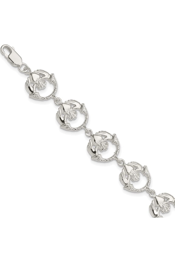 Sparkle-worthy Lustrous Classic Sterling Silver Polished and Textured Claddagh Link 7 inch Bracelet Romantic Flawless Sparkling