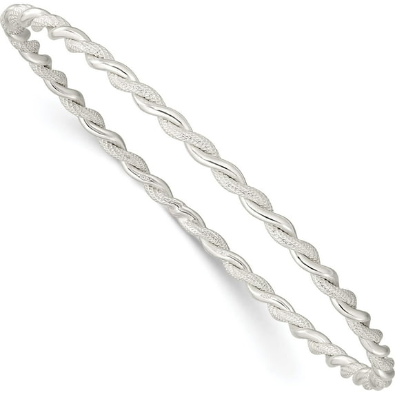 Sterling Silver Polished And Textured Twisted 3mm Slip-On Bangle (8 X 3) Made In India qb1397