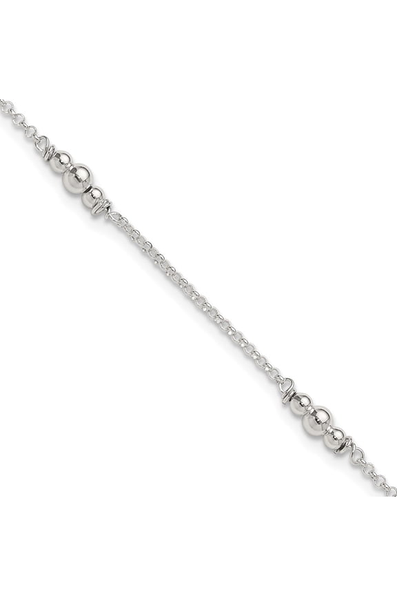 Sterling Silver Polished Bead 10in Plus 1in ext. Anklet