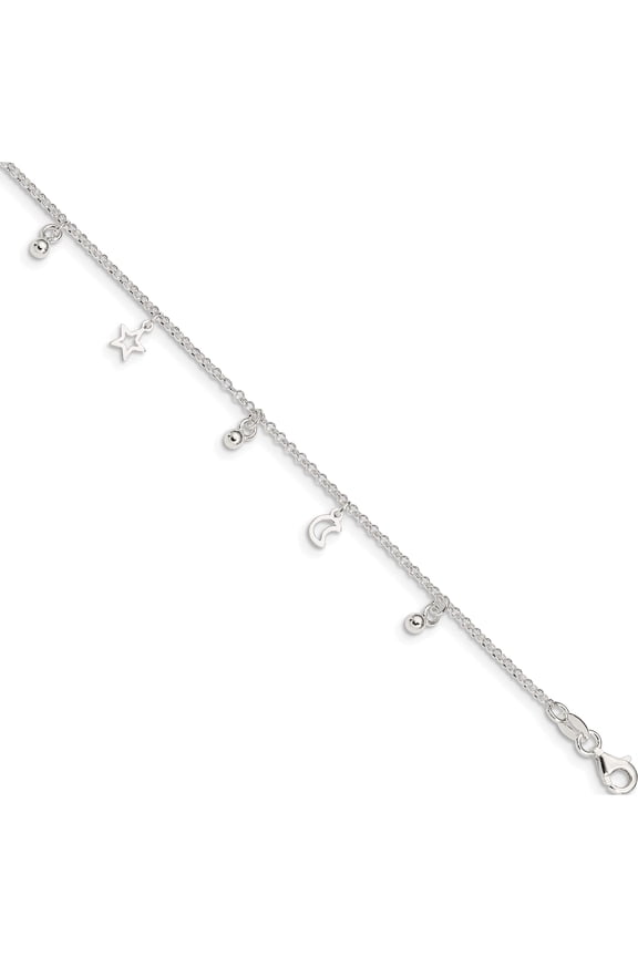 Sterling Silver Star and Moon 9 inch Plus 1 inch Extender - Total 10 inch Anklet