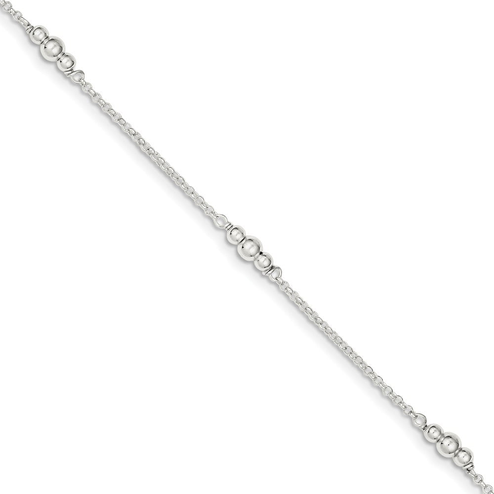 Sterling Silver Polished Bead With 1inch Ext. Anklet - 3.2 Grams - 9 Inch - Measures 9mm Wide