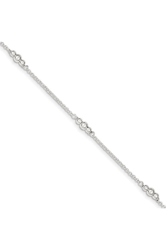 Sterling Silver Polished Bead With 1inch Ext. Anklet - 3.2 Grams - 9 Inch - Measures 9mm Wide
