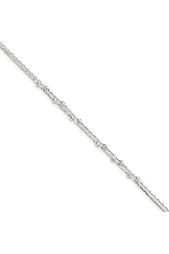 Sterling Silver Polished Beaded 2-Strand 9 Inch Plus 1 Ext. Anklet (9 X 0.8) Made In India qg4196-9