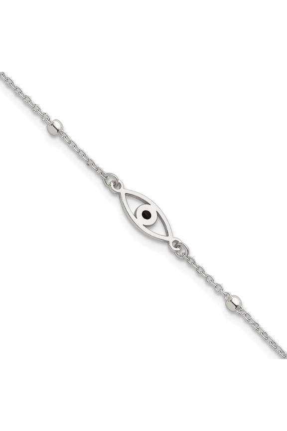 Sterling Silver Polished Beaded Black Enamel Evil Eye 7 inch with 1 inch Extension Bracelet