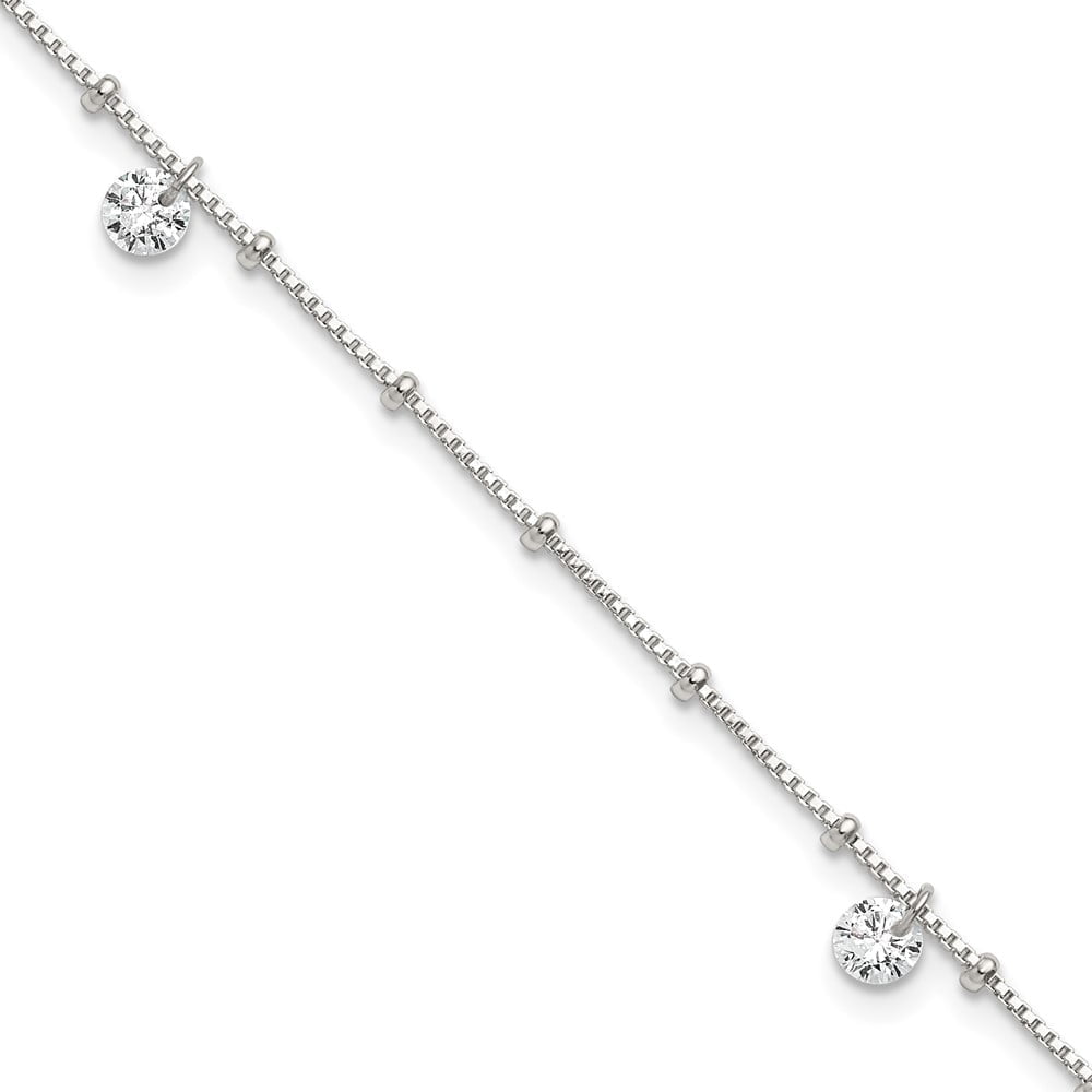 Sterling Silver Polished Beaded with White CZ Dangles 9 inch with 1 inch Extension Anklet