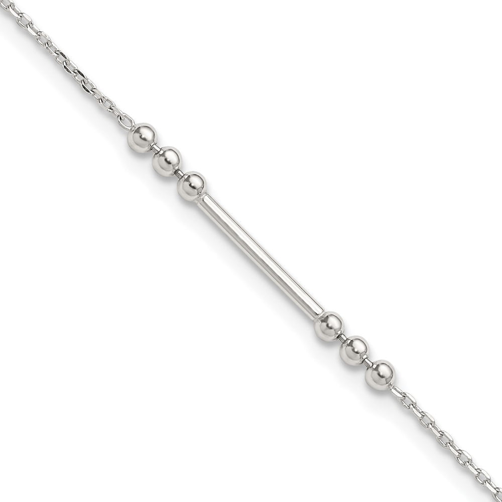 Sterling Silver Polished Beads and Bar 9 inch with 1 inch Extension Anklet